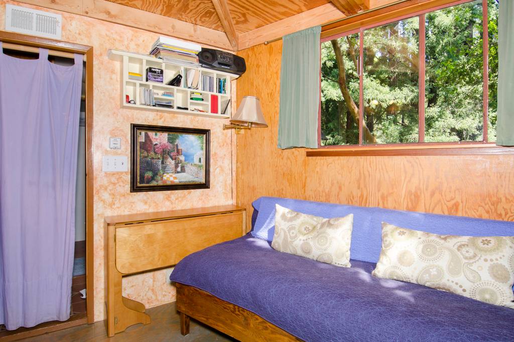 Small dining area beneath geodesic dome panels