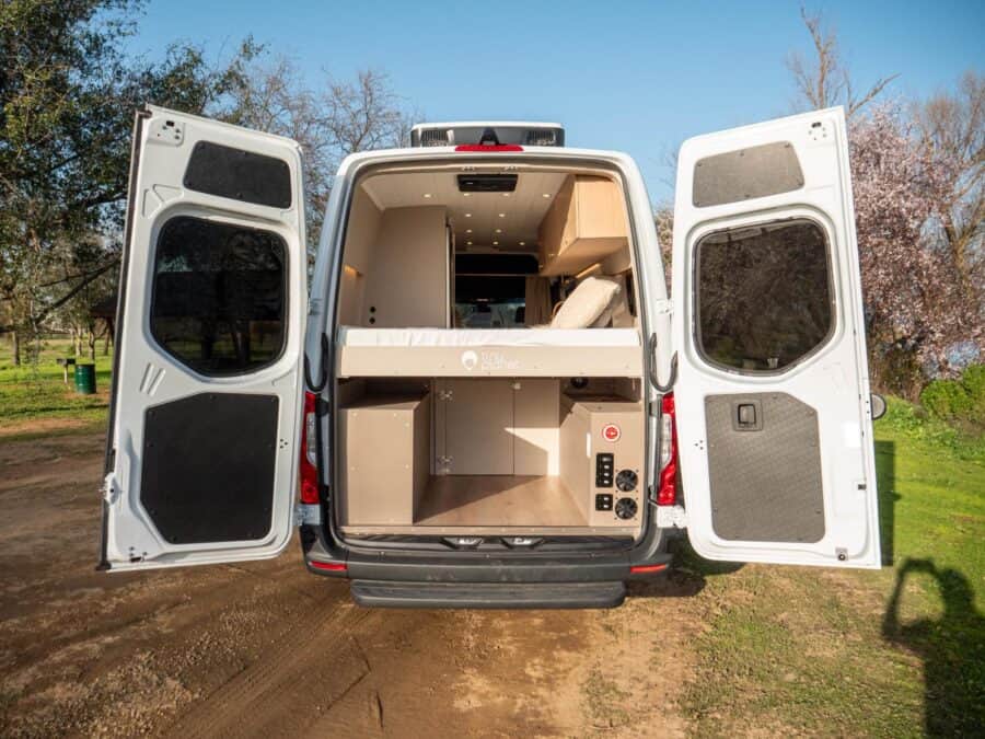 Van conversion interior for tiny living and travel.