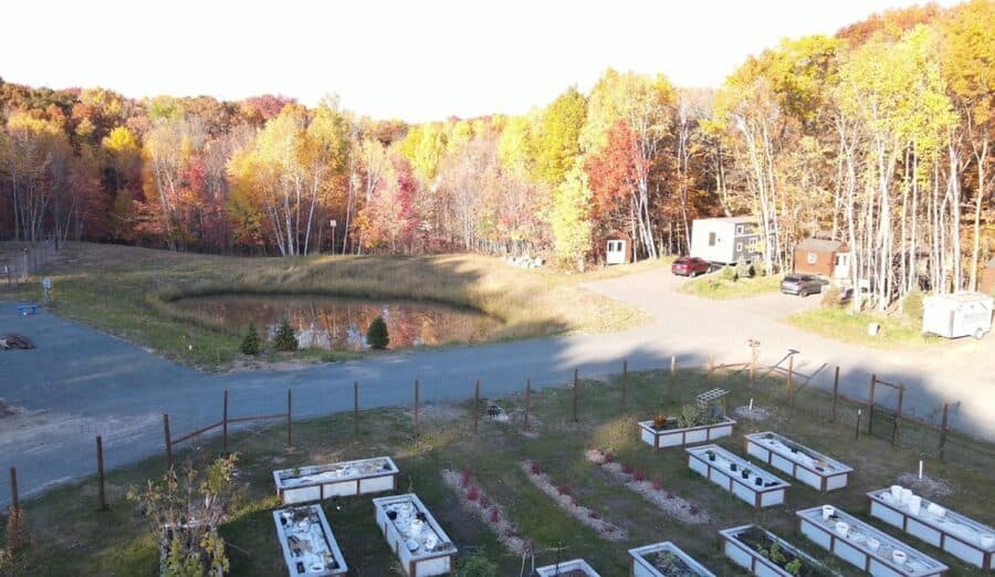 Tiny house parking lot surrounded by trees, part of land share network for small space living.