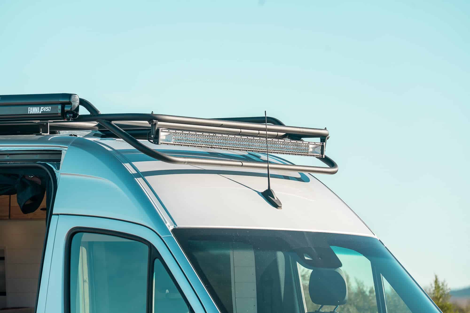 Detail of the Tommy roof rack, Fiamma F45S awning and roof-mounted LED light bar