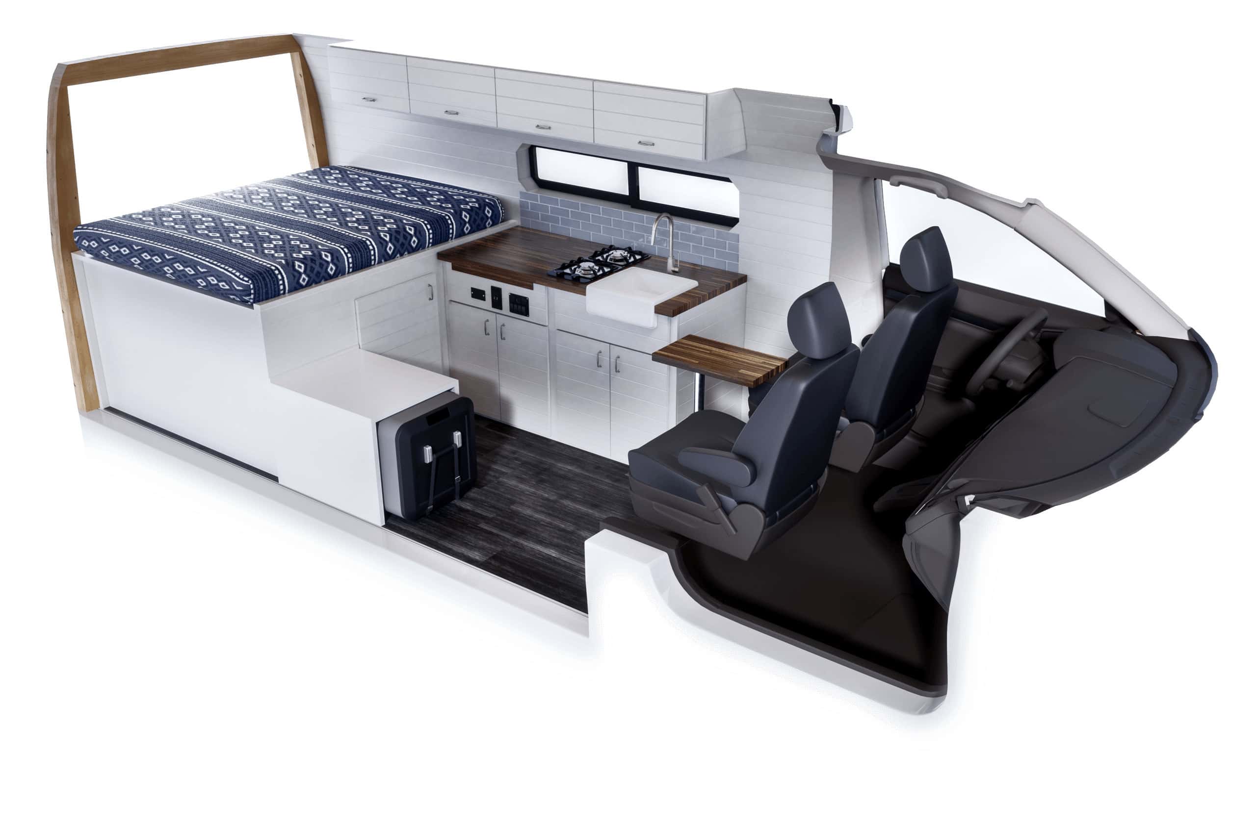 Cutaway render of the Tommy Camper Vans Bennett layout showing rear bed, galley run and cooler bench