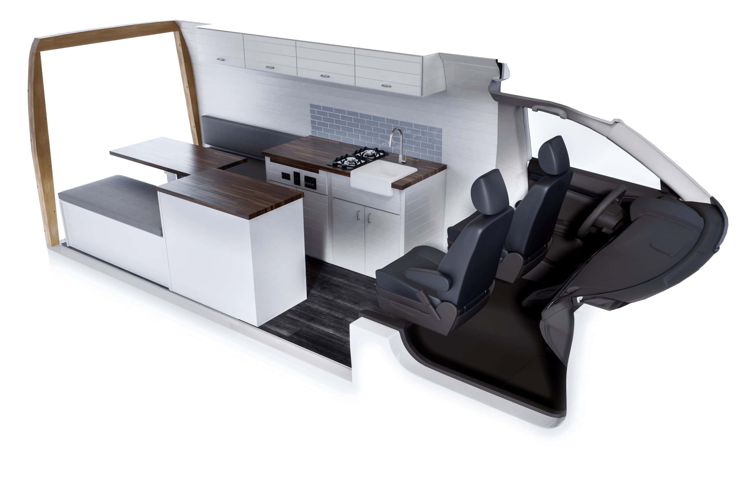 Convertible Dinette layout floor plan render showing facing bench sofas and a dining table in place of a fixed bed