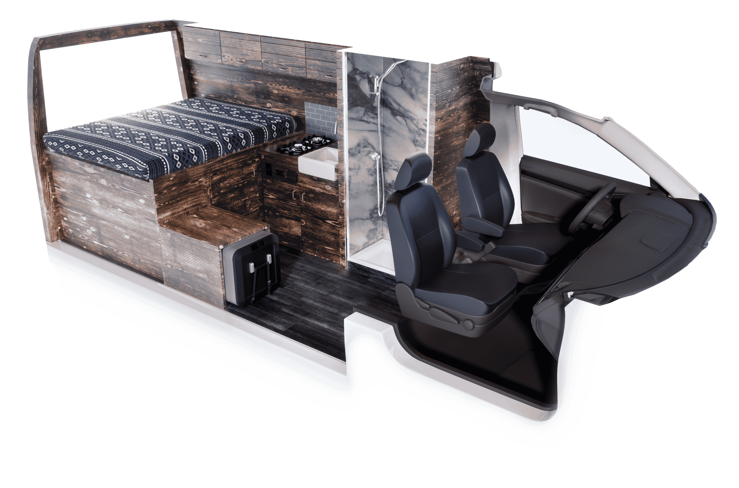 Maddox layout render shown in the dark espresso finish with burnt wood walls and cabinets