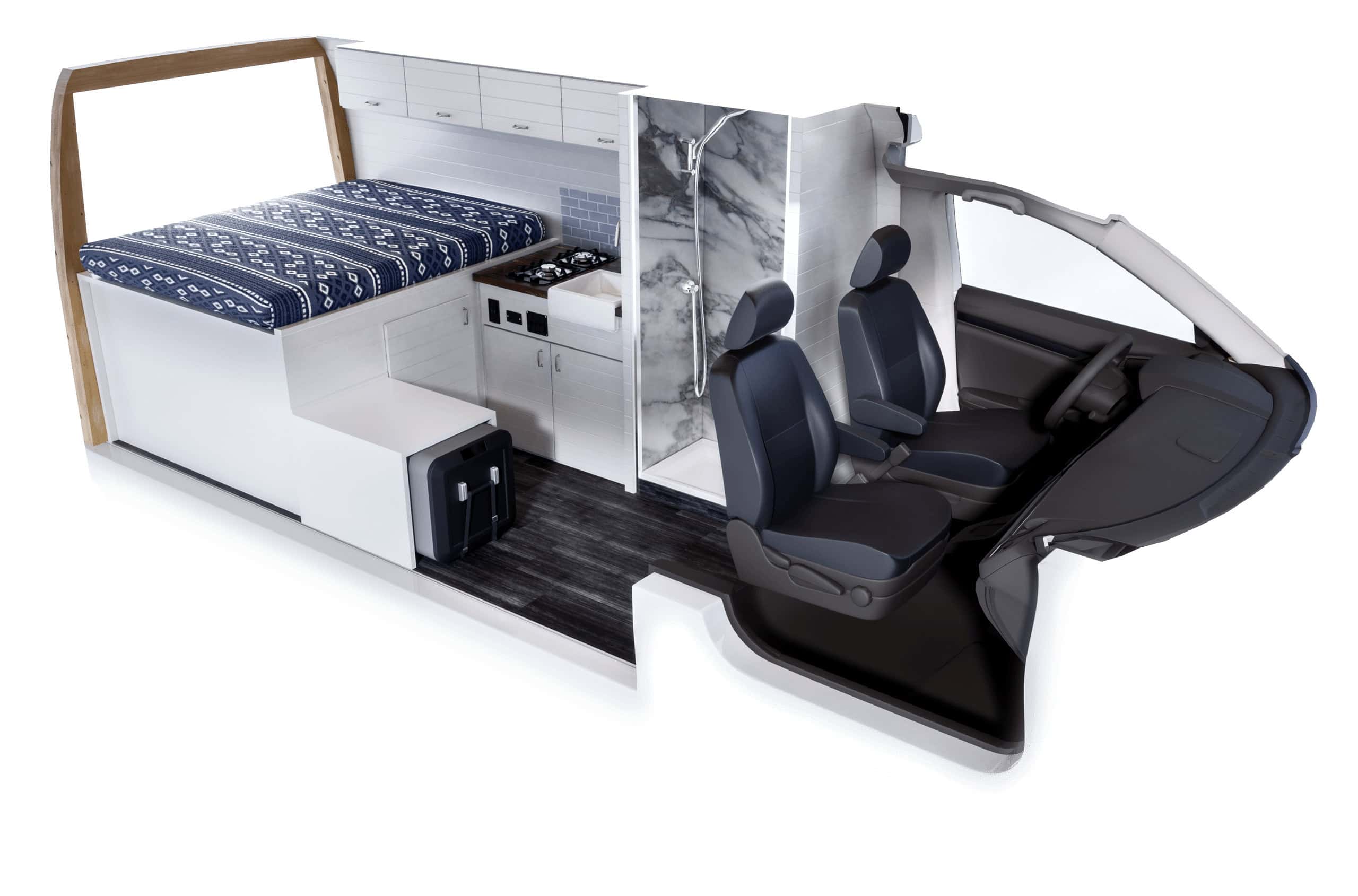 Maddox layout floor plan render showing the glass shower stall inserted between the galley and cab