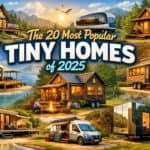 Tiny house on wheels with scenic mountain backdrop and lake view.