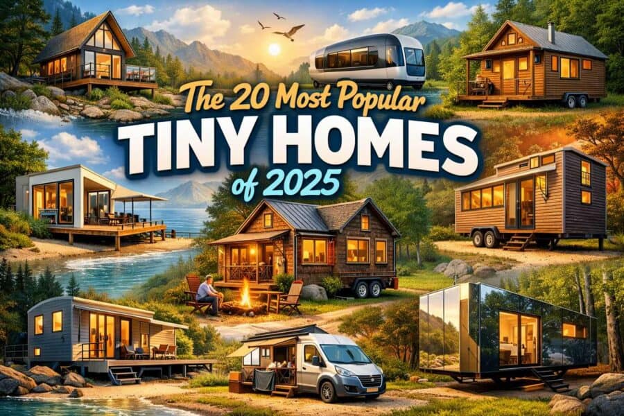 Tiny house on wheels with scenic mountain backdrop and lake view.