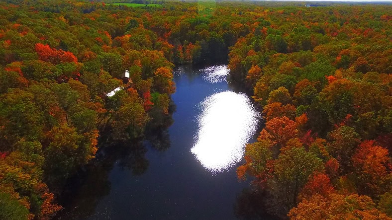Scenic lake view surrounded by colorful autumn trees at Canoe Bay.