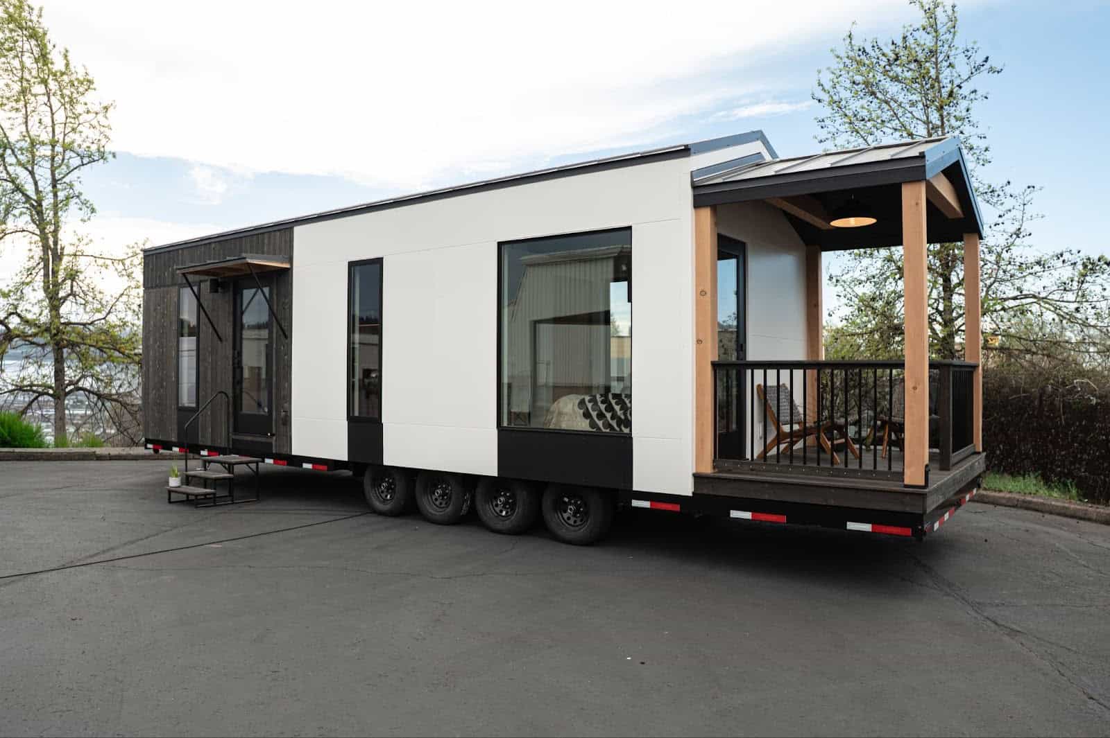 Full exterior view of the Tru Form Tiny Urban Gable Park modern tiny house on wheels