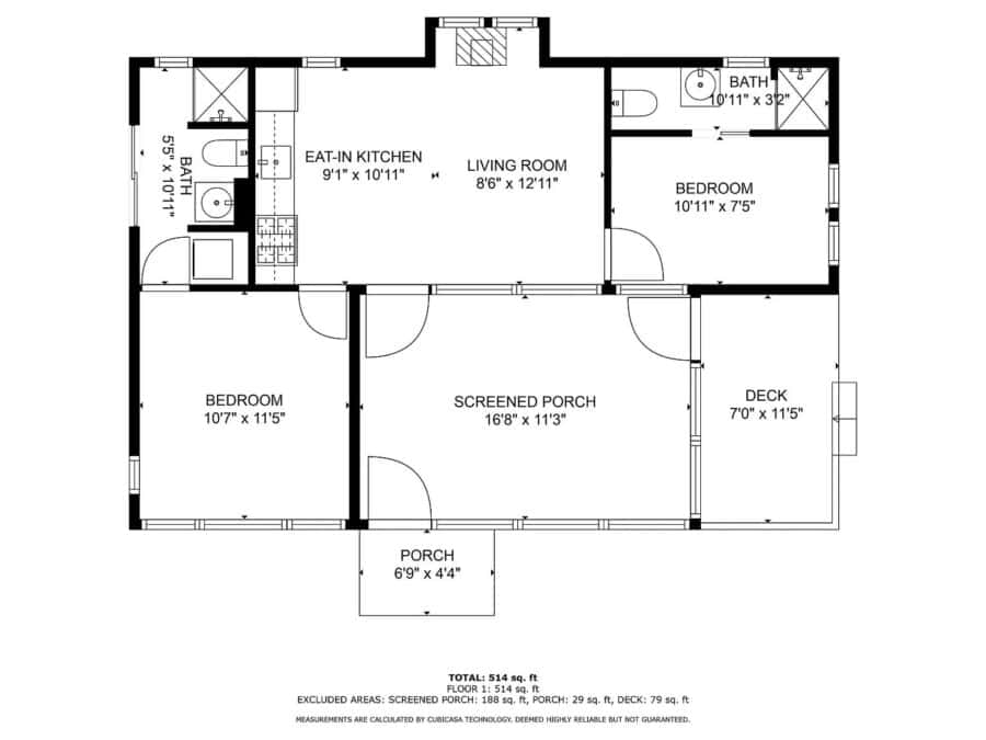 Modern tiny cabin with screened porch, deck, and two bedrooms in a scenic community.