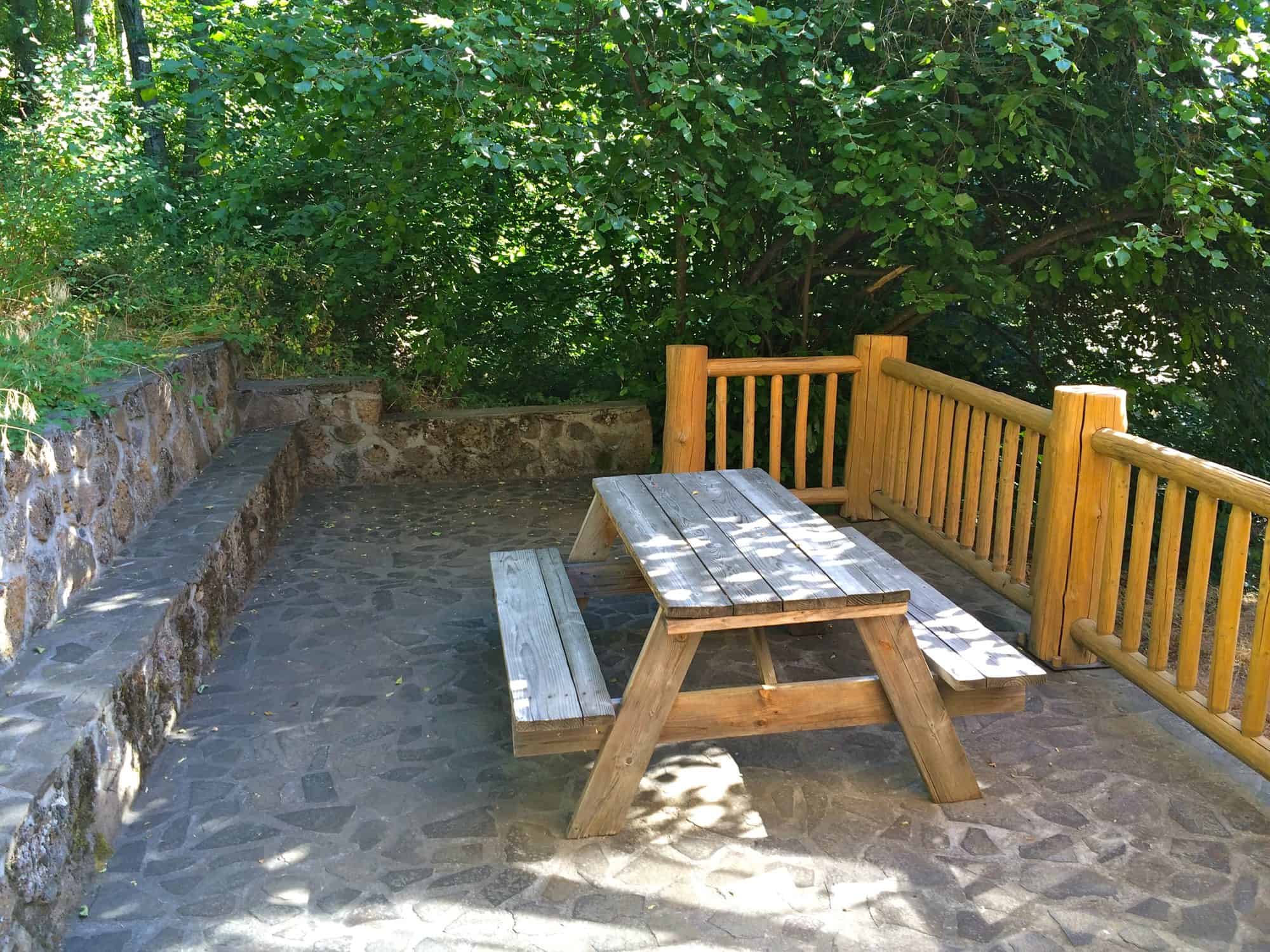 Shaded stone patio with a picnic table and log railing beside the Tygh Valley log cabin