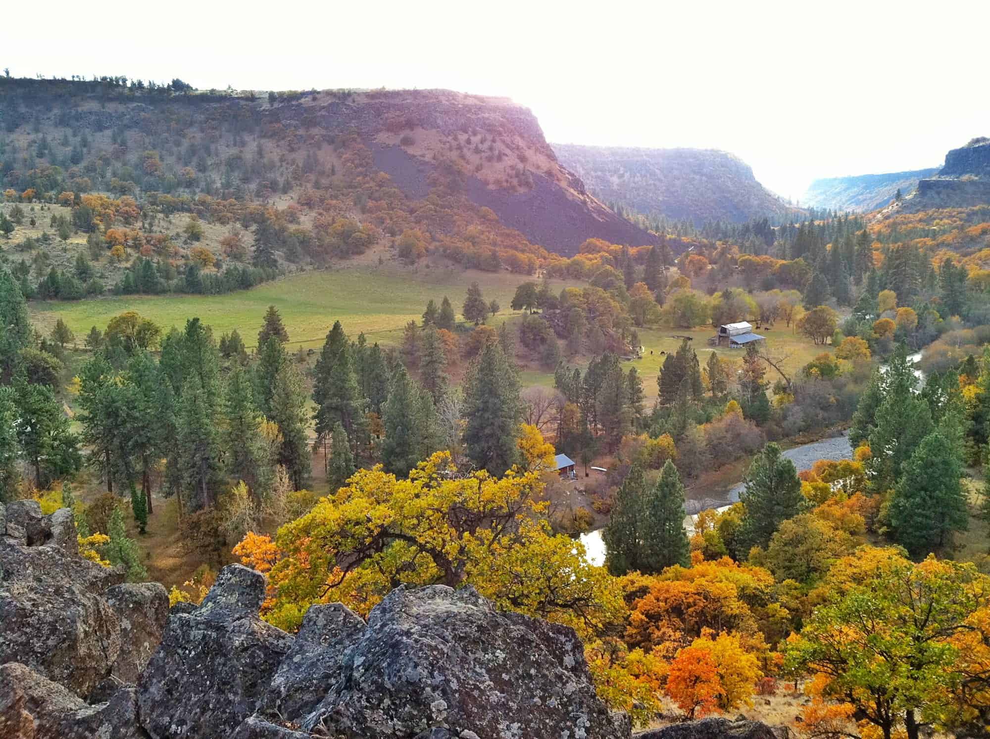 View over the White River Canyon in fall with basalt rimrock and golden oaks near Tygh Valley Oregon