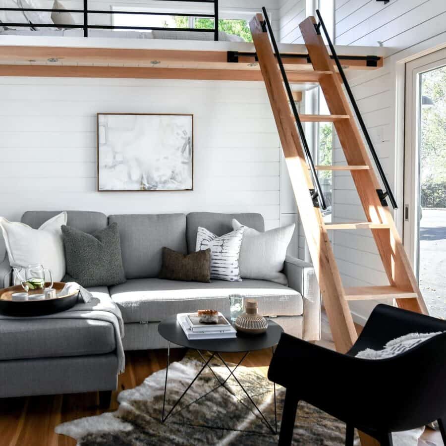 Cozy tiny house living room with loft, modern furniture, and natural light.