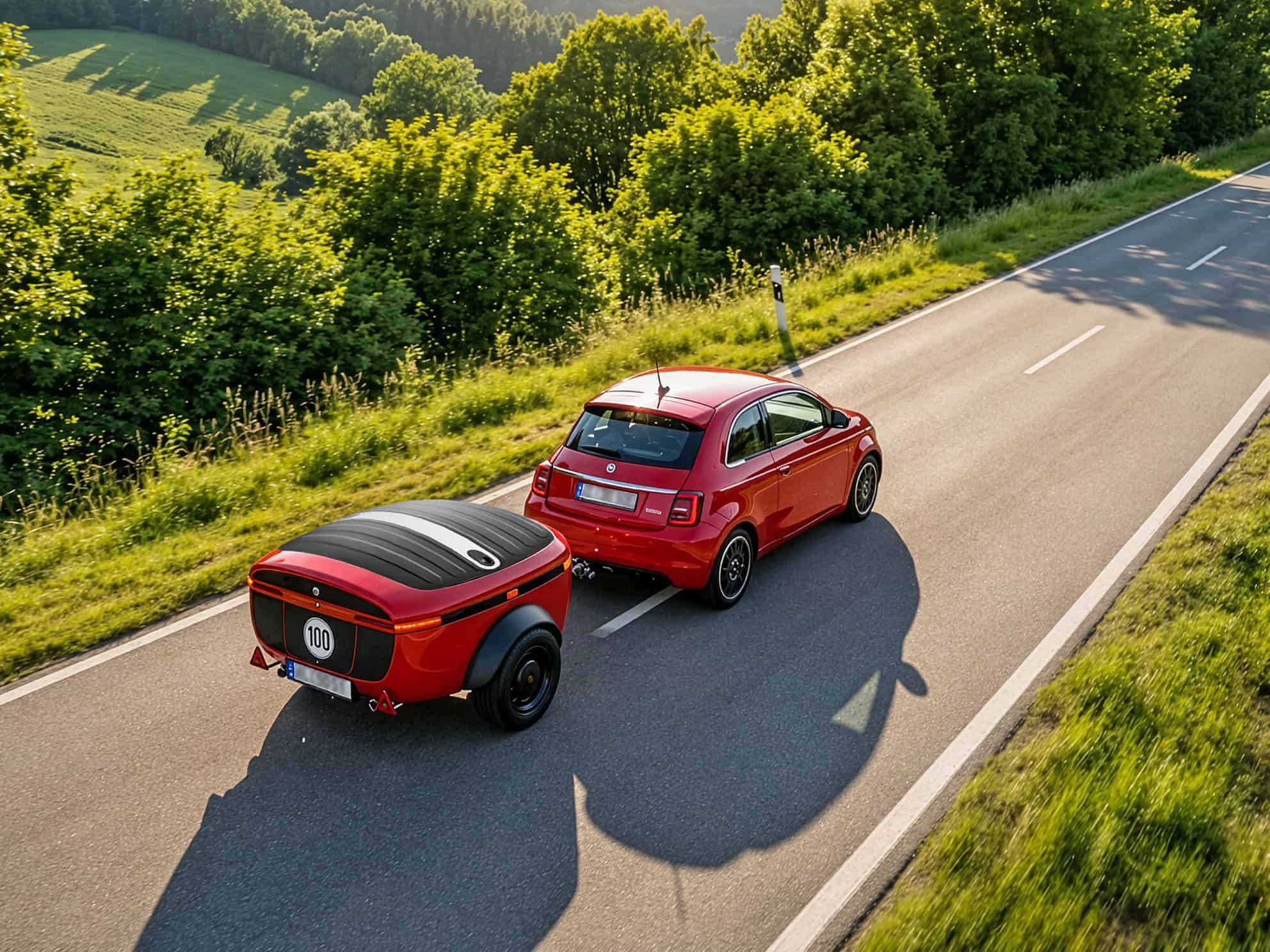 Red Urbanoid Booba camping trailer towed by a red Fiat 500e on a country road