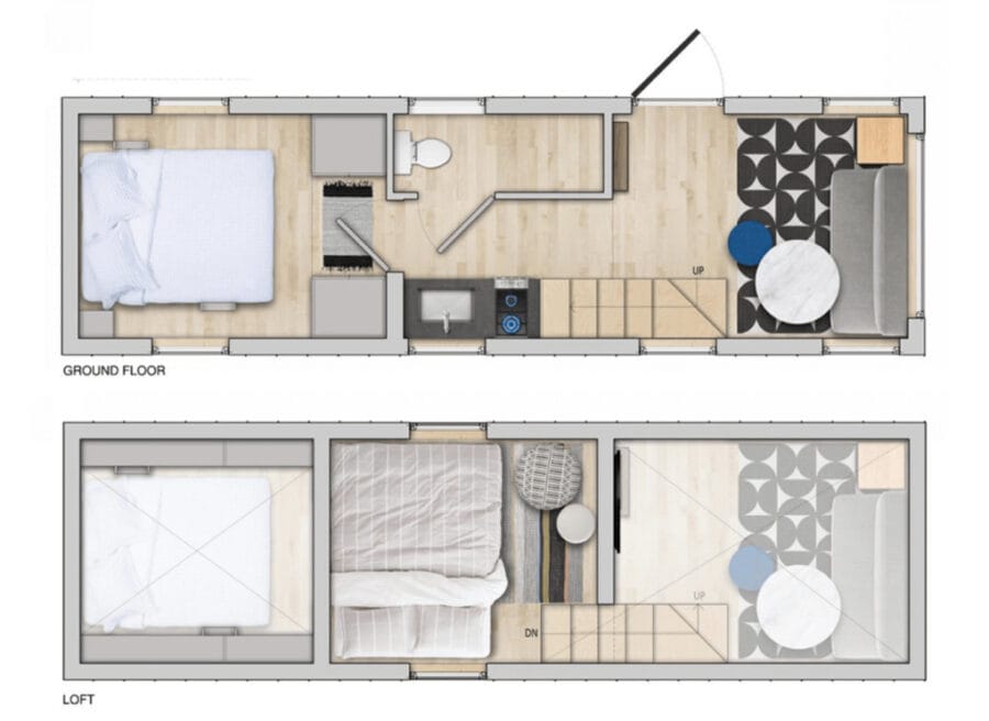 Tiny house floor plan with first-floor bedroom and loft space.