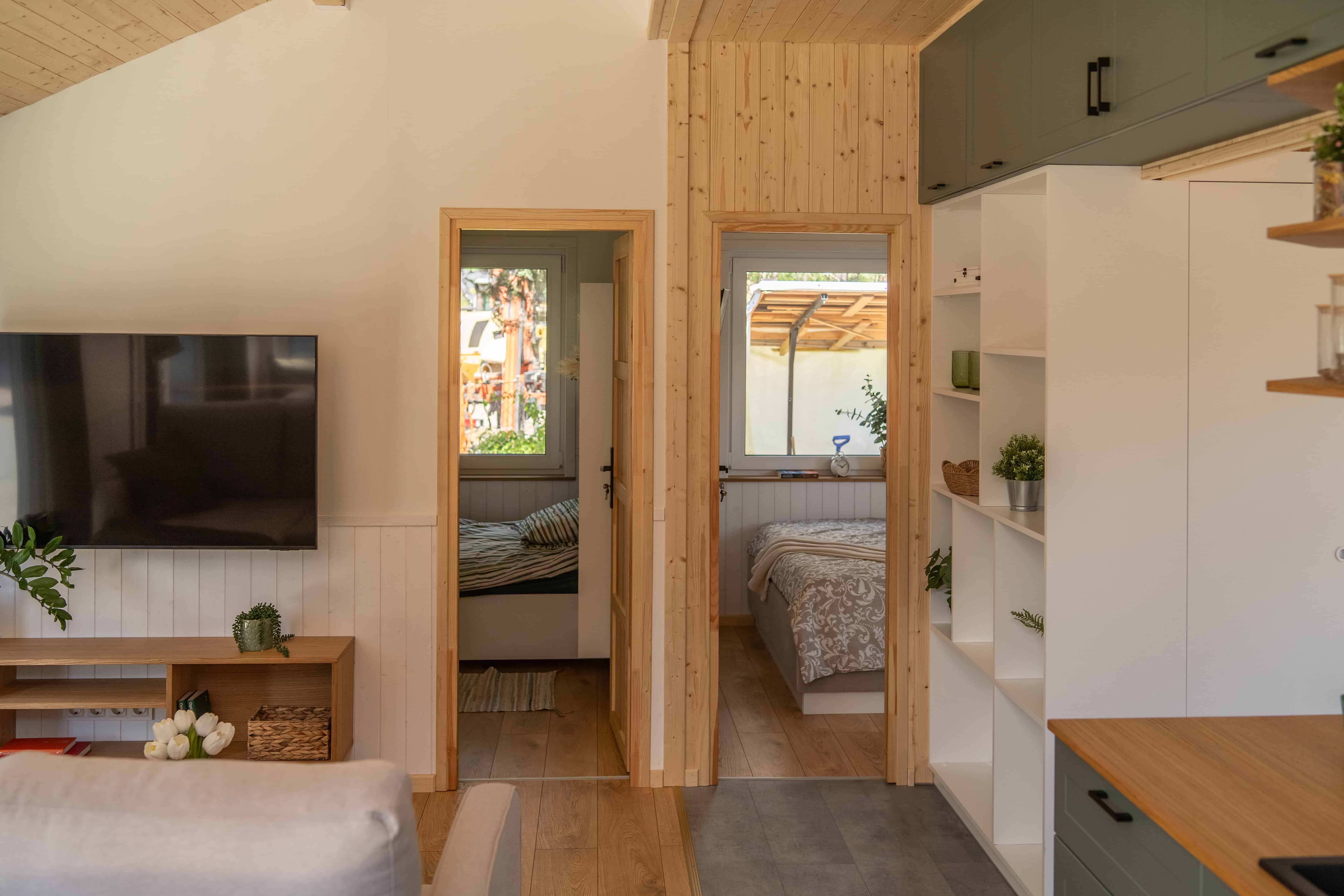 The Vagabond Haven Evergreen living area looking through to two separate bedrooms