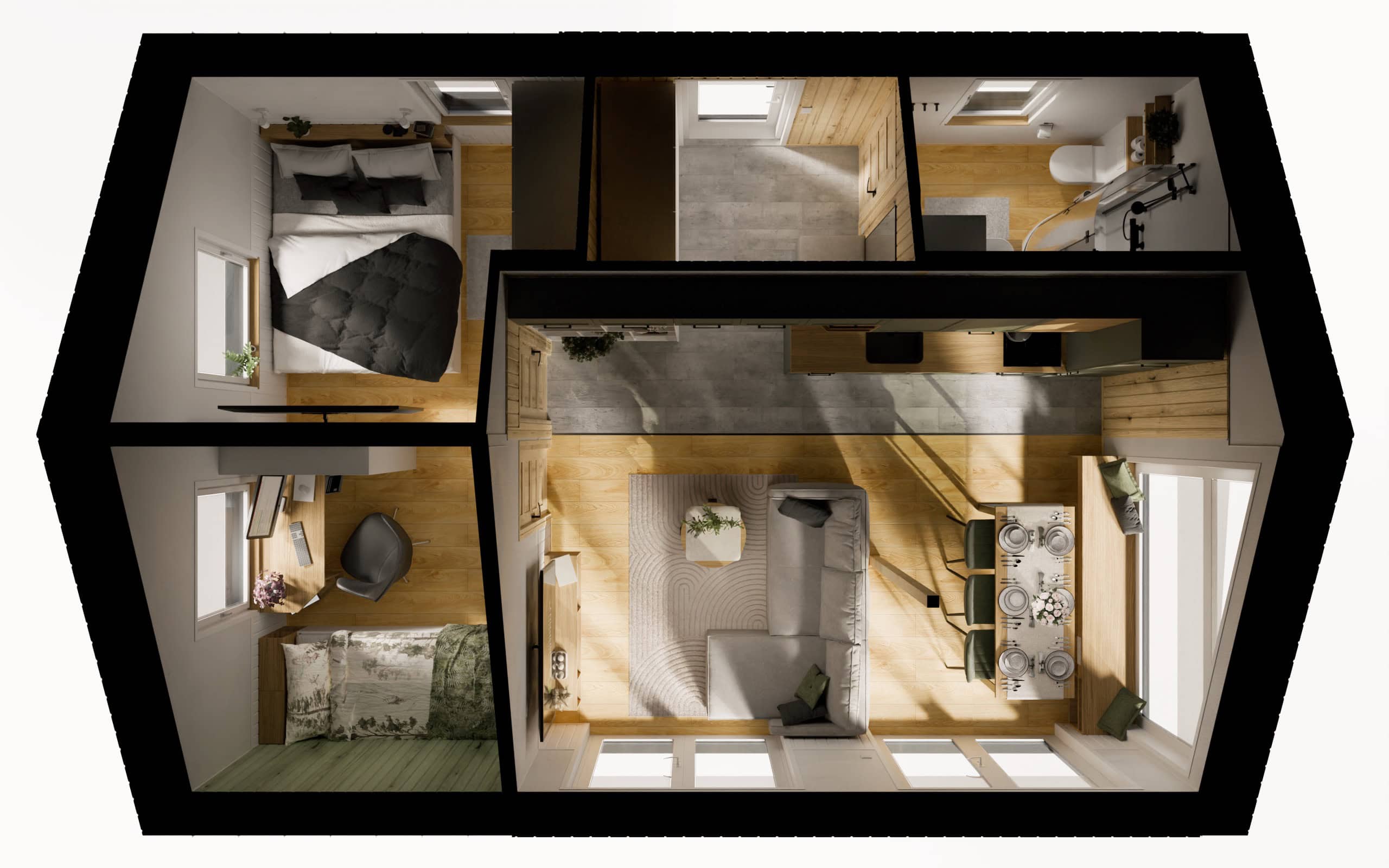 An overhead cutaway floor plan of the two-module Vagabond Haven Evergreen showing the living area, kitchen, two bedrooms, and bathroom