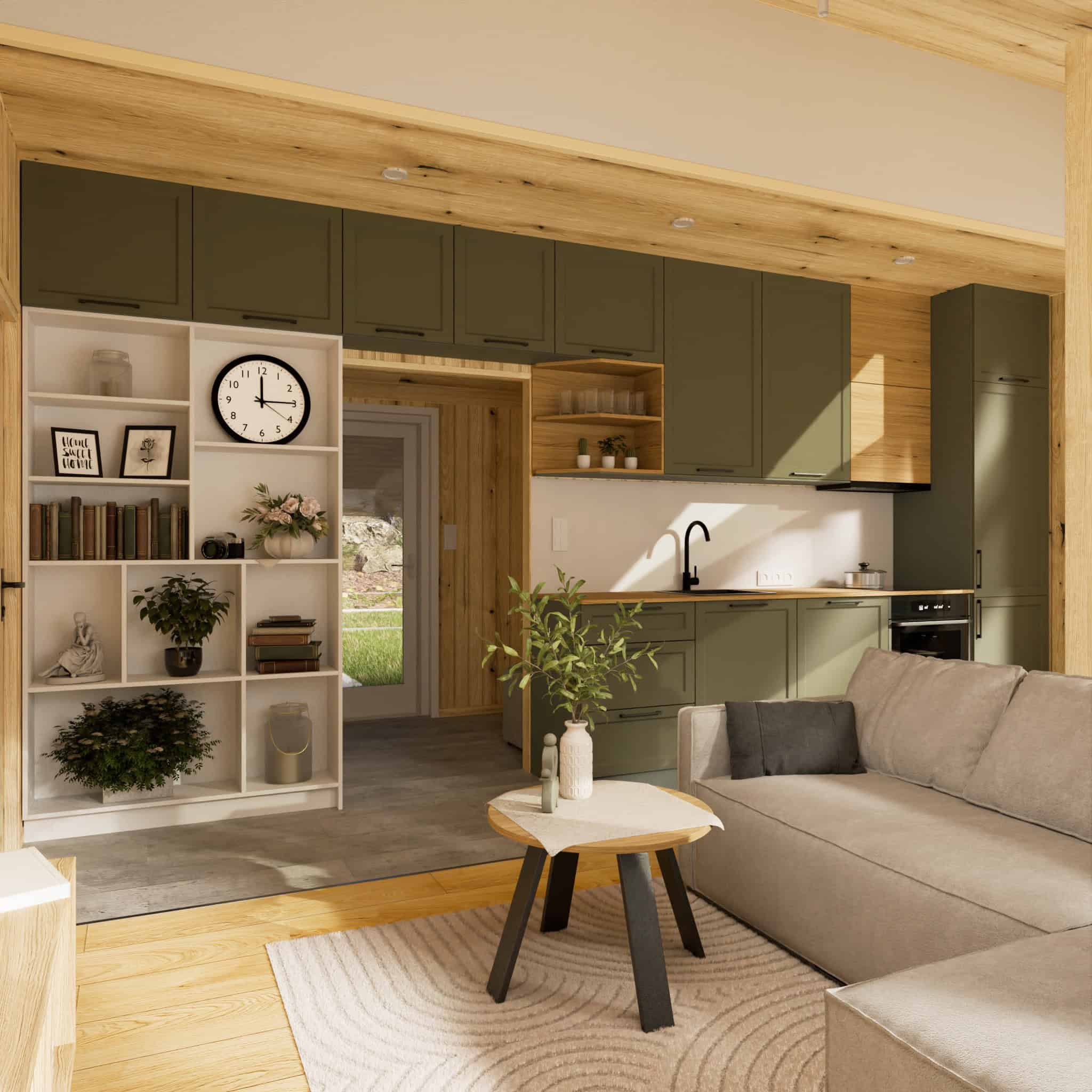 The open-plan living and kitchen layout of the Vagabond Haven Evergreen with green cabinetry and a large bookcase