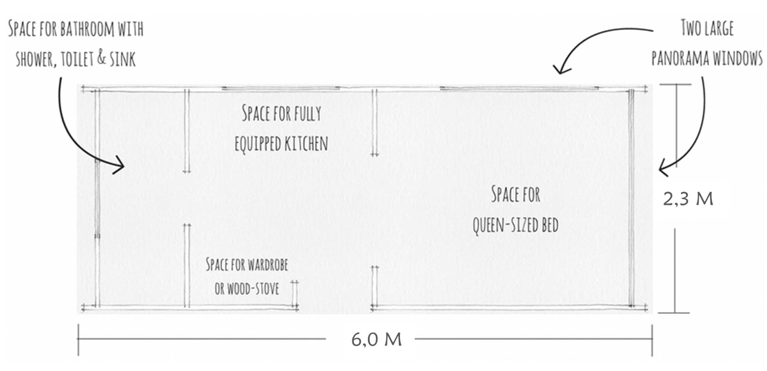 The Nature Pod floor plan showing space for a bathroom, kitchen, wardrobe or wood stove, and a queen bed under two panorama windows