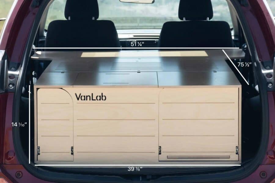 VanLab SUV conversion kit installed in vehicle trunk for compact living.