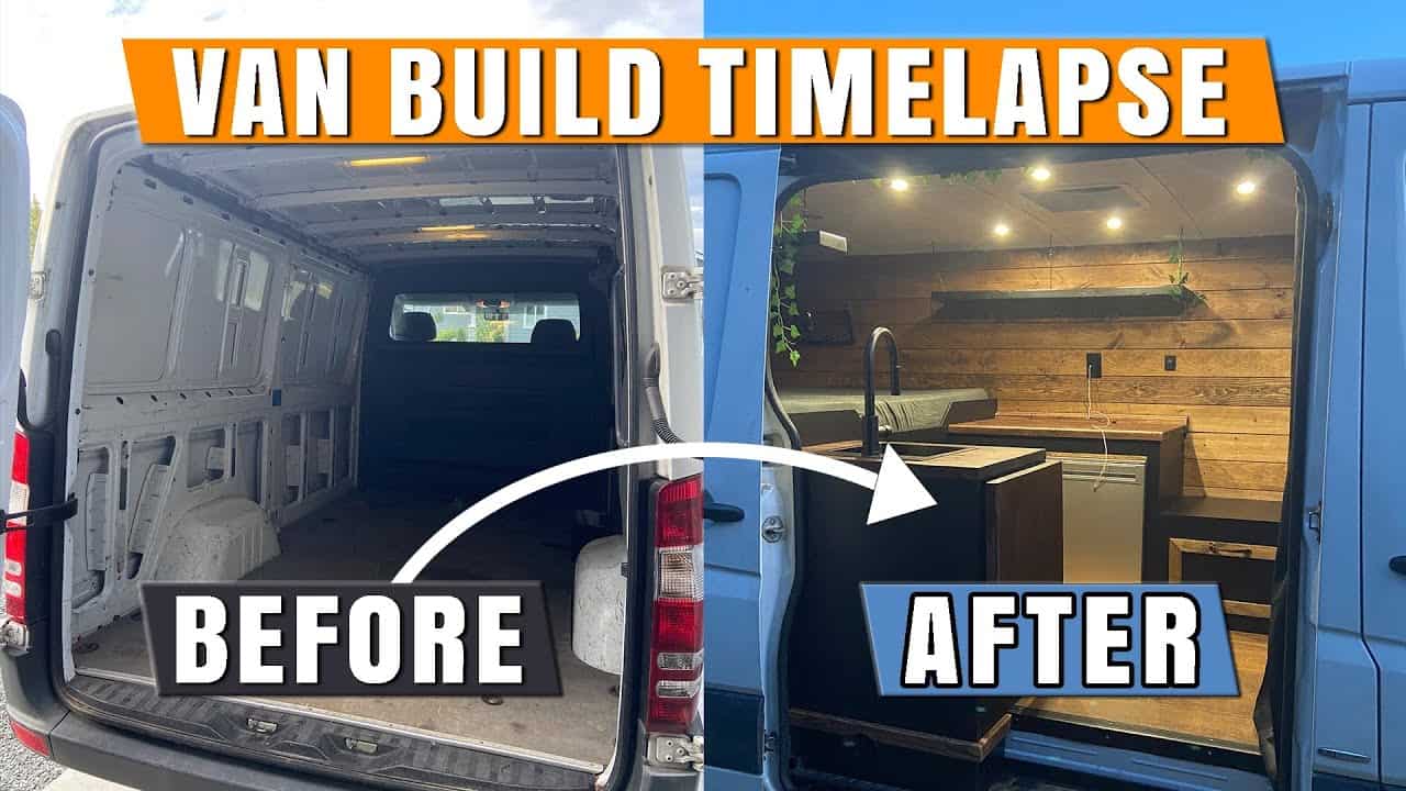 Before and after of a Mercedes-Benz Sprinter cargo van converted into a wood-paneled stealth camper by VanLifeNate