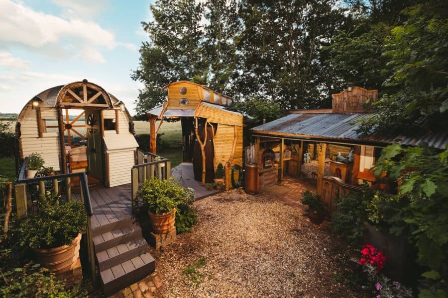 The wagon, the Wild Cherry Barn and the outdoor saloon at the Wagon in the Woods