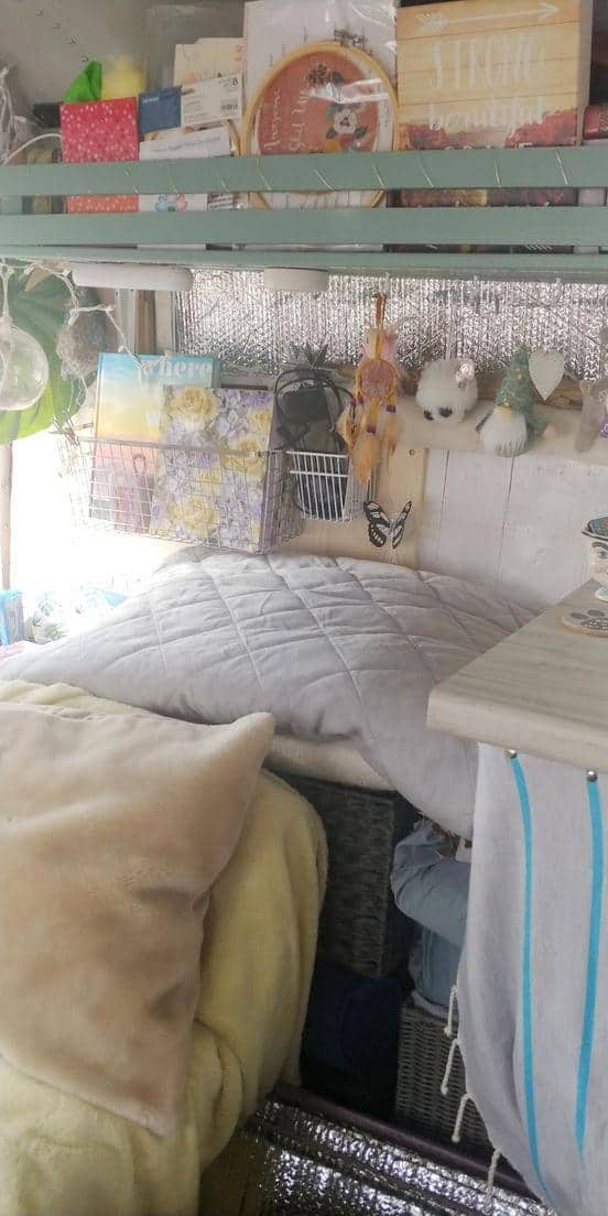 Cozy tiny house interior with pets, showcasing small space living and DIY decor.