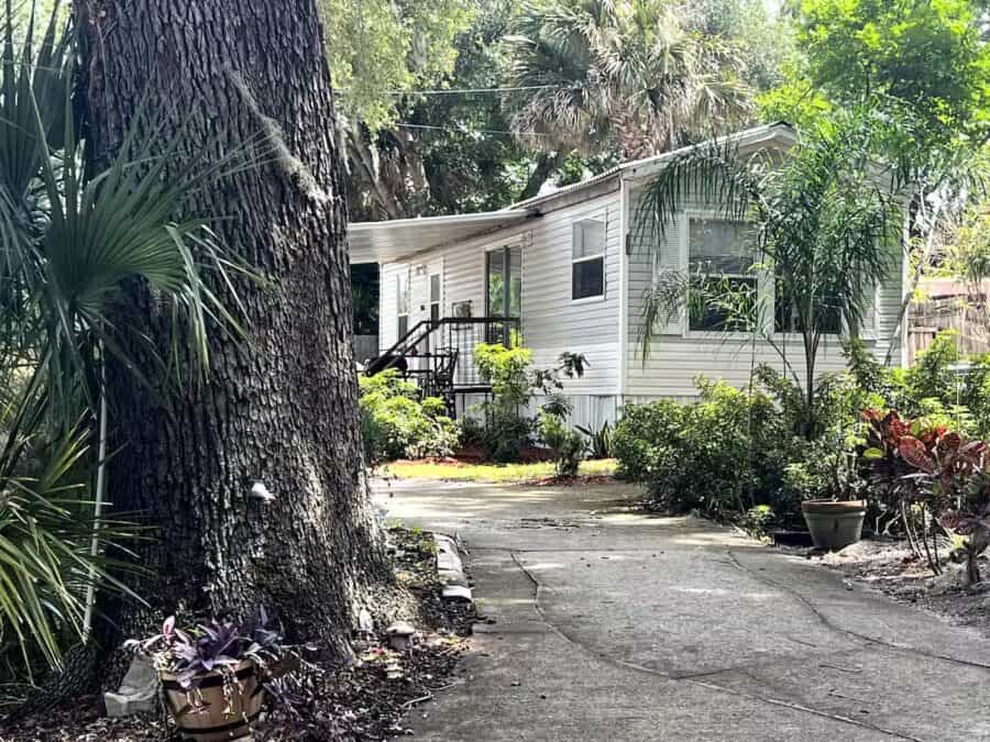 Cozy tiny house surrounded by tropical plants in Florida.
