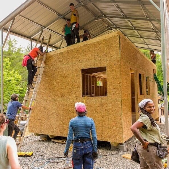 Students building a tiny house at the Wild Abundance workshop near Asheville North Carolina