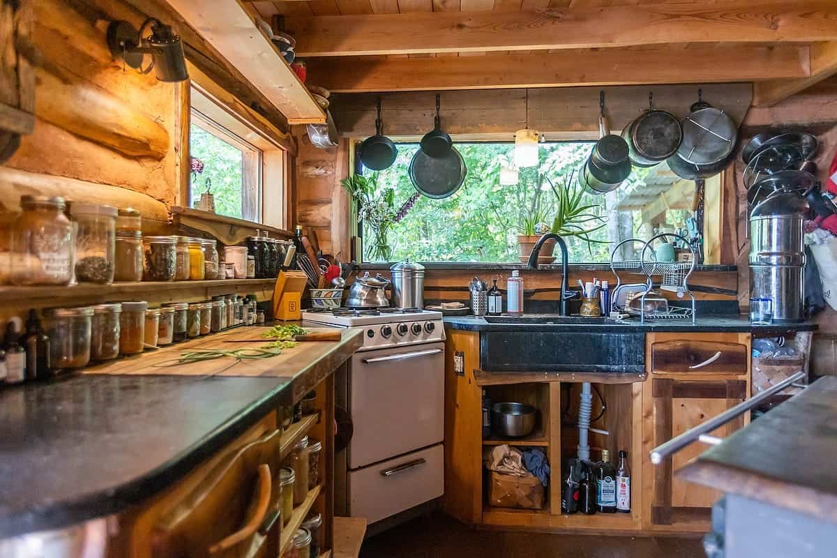 Finished tiny house kitchen interior from a Wild Abundance build