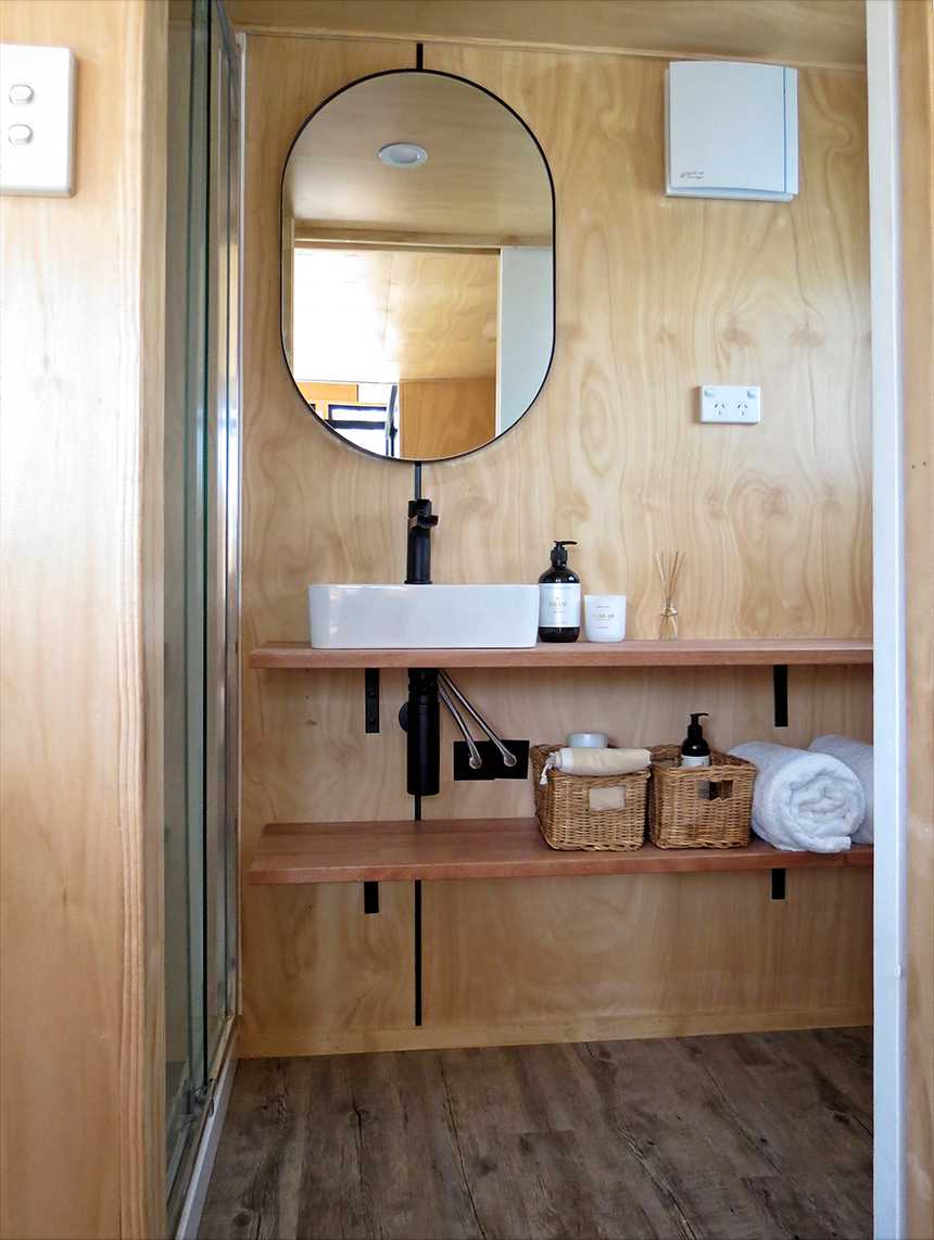 Wildscape tiny house bathroom with vanity, mirror and black fixtures