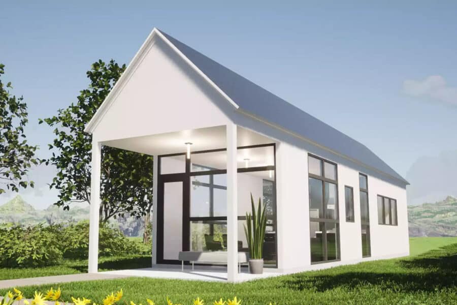 Charming white tiny house with large windows and a covered porch, perfect for compact living in scen.