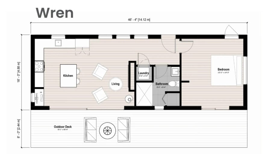 Elegant tiny house floor plan with compact living space and outdoor deck.