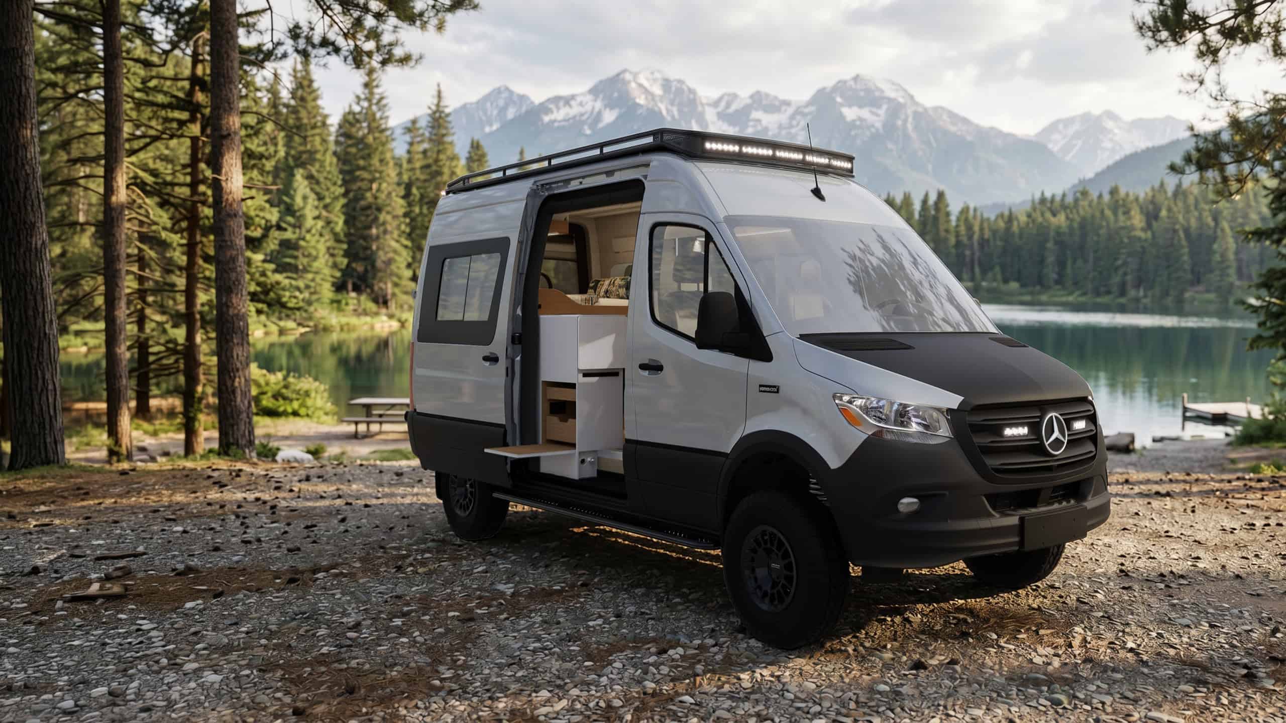 The Yama Vans Luna, an AWD Mercedes-Benz Sprinter camper van, parked lakeside with its sliding door open