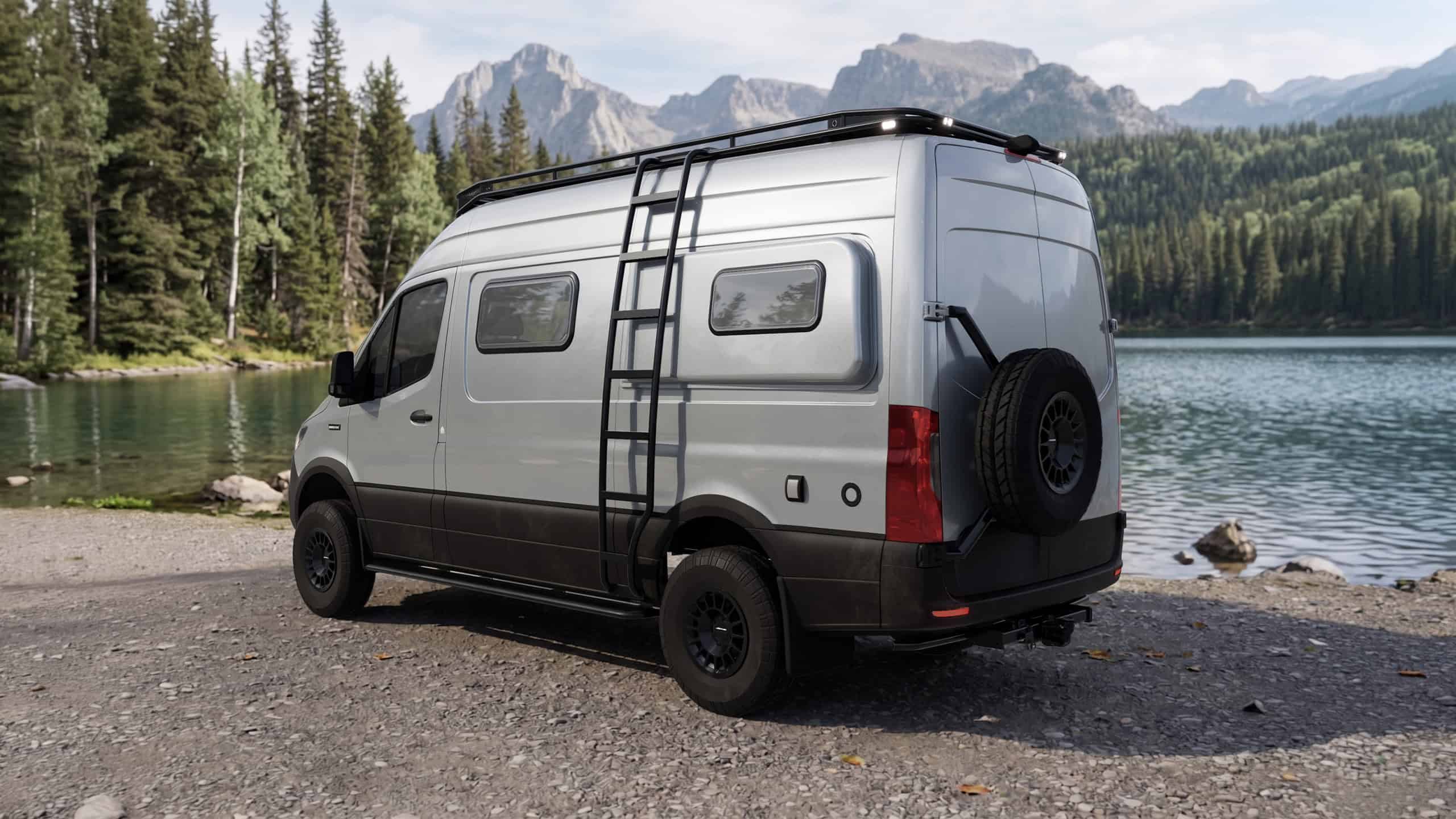 The rear of the Yama Vans Luna Sprinter showing the roof rack, ladder, swing-out spare tire, and off-road wheels