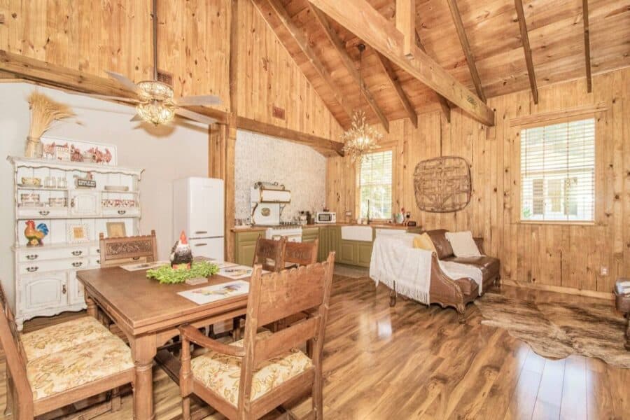 Charming tiny farm cottage interior with rustic wood accents in Zephyrhills, Florida, perfect for sm.