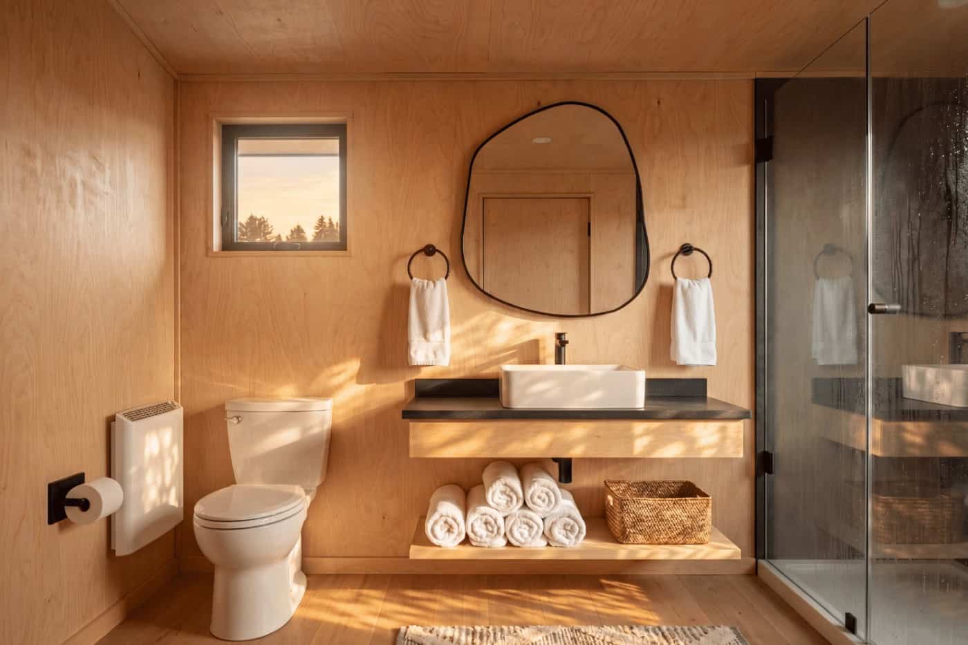 Bathroom with vessel sink, toilet, and glass shower door in the Atlas park model by Zook Cabins