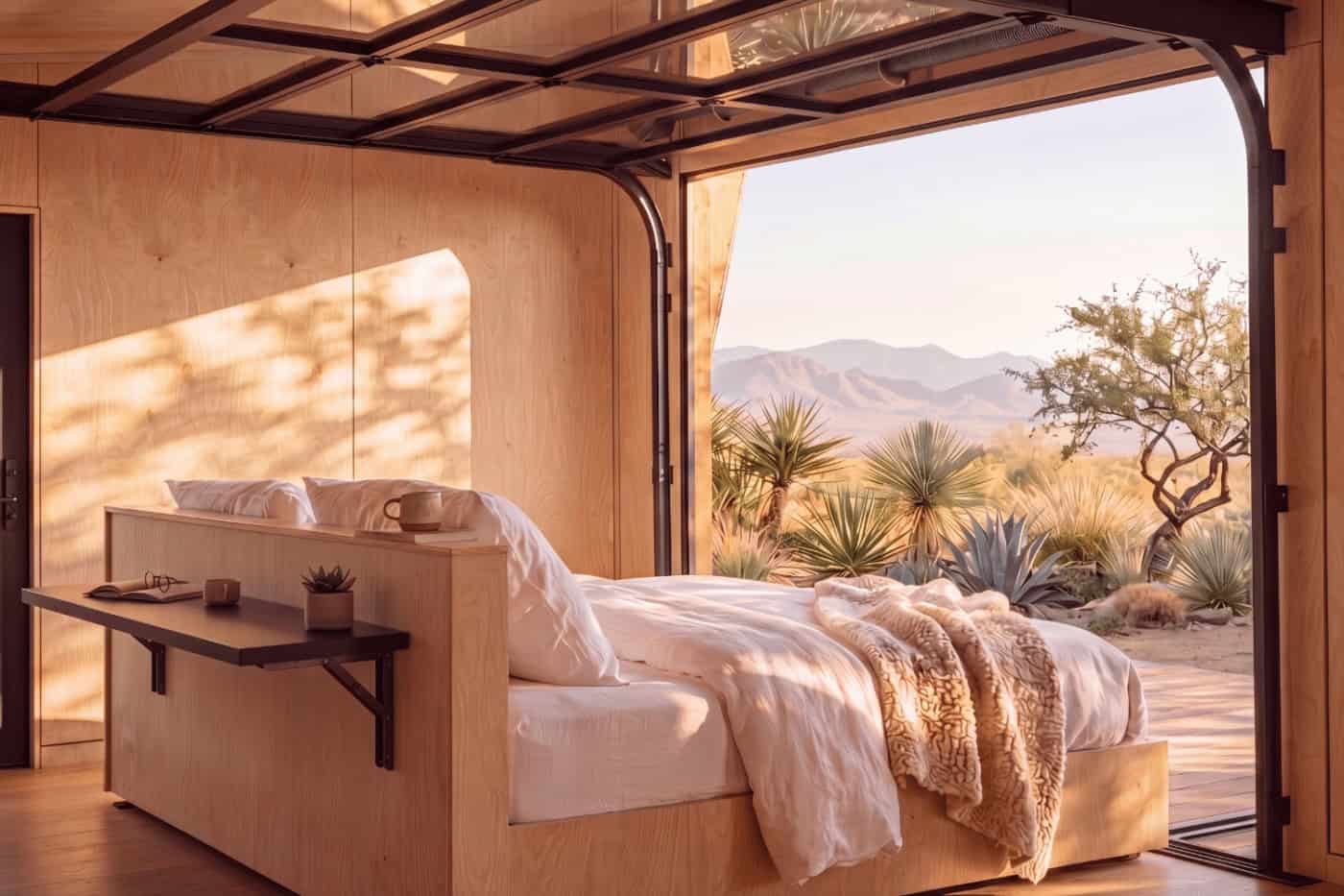 Rolling bed beside the open glass garage door in the Atlas park model by Zook Cabins
