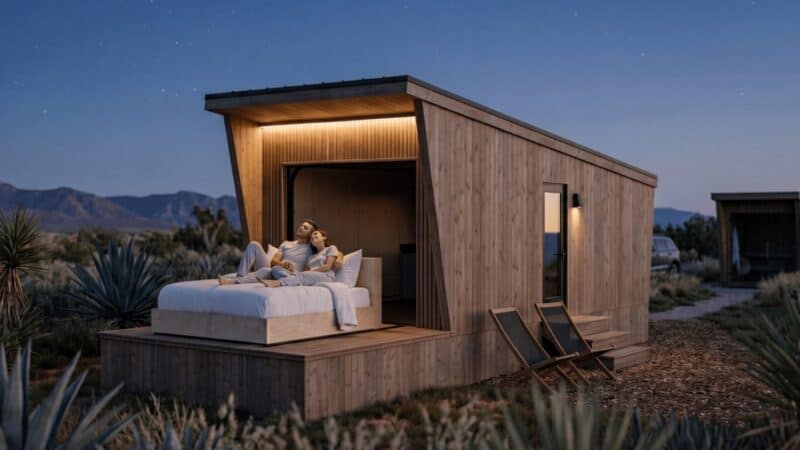 Zook-Cabins-Atlas-Park-Model-bed-on-deck-under-stars
