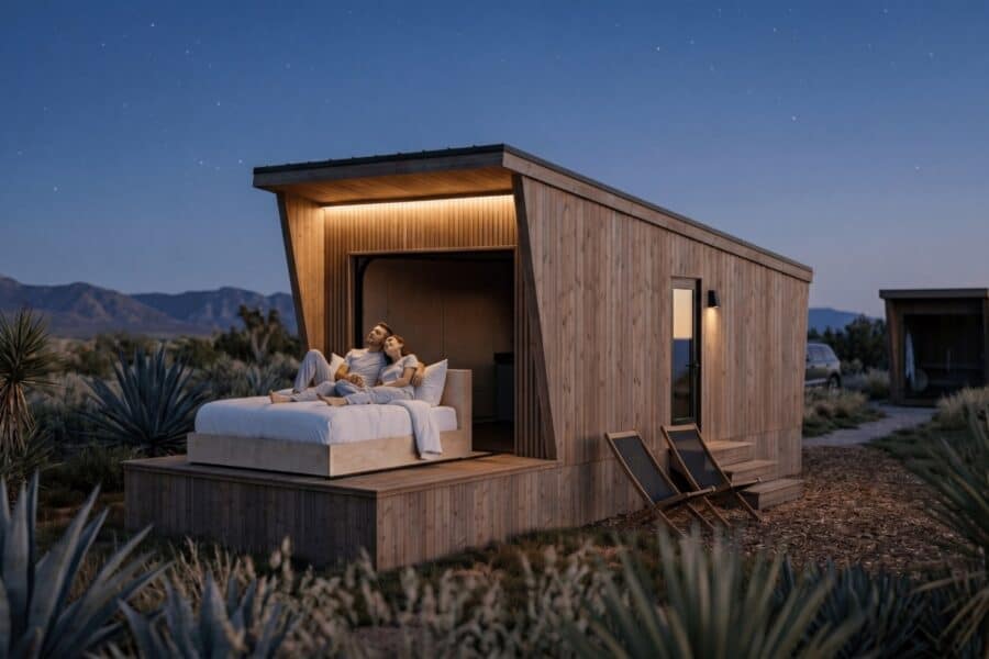 Zook-Cabins-Atlas-Park-Model-bed-on-deck-under-stars