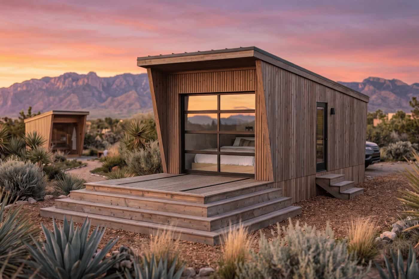 Exterior of the Atlas park model tiny home with Lunawood siding and deck at sunset in the desert