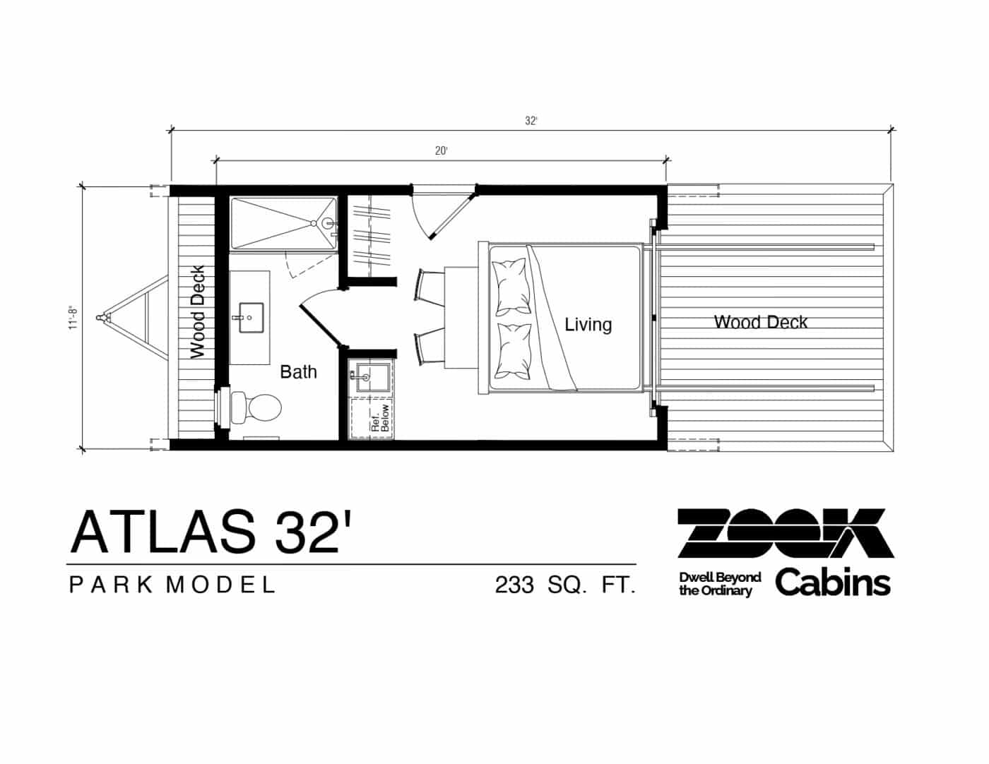 Floor plan of the Atlas 32-foot park model by Zook Cabins