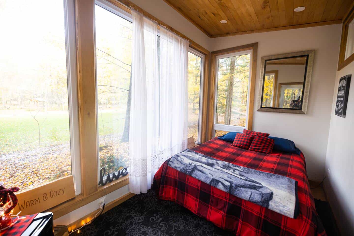 Queen bed in Adler Cabin under a wood-plank ceiling, large windows open to autumn woods
