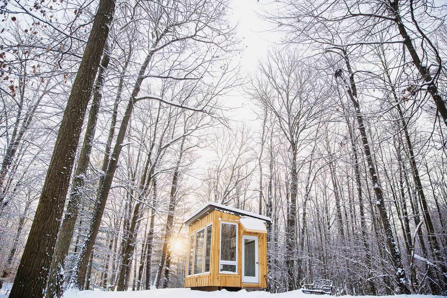 Adler Cabin in snow at Fernwood Hills: wood cabin with a glass door, small awning, and tall trees