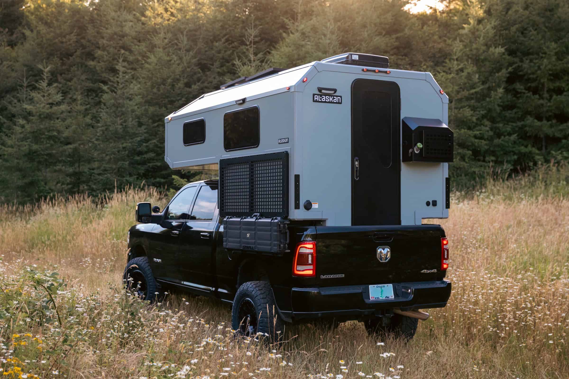 Rear of the hard-sided camper, door and vent