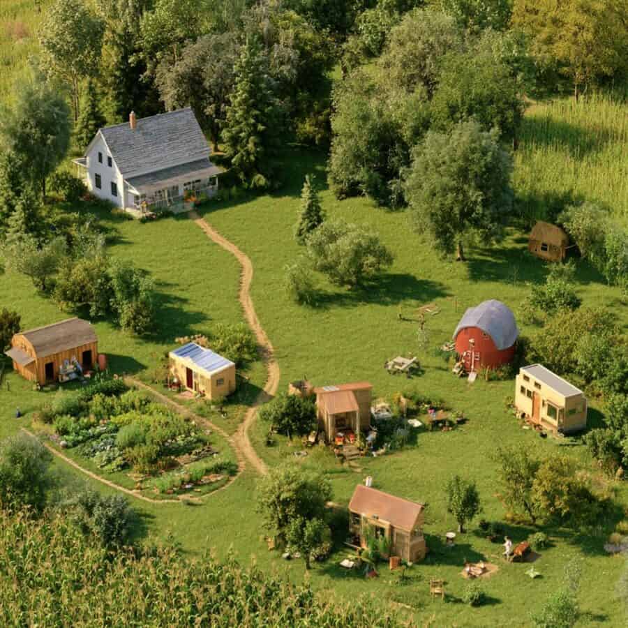 Illustrated overhead view of a small farmhouse on a few acres with a dirt path leading down to five tiny cabins, a shared vegetable garden, and a red barn