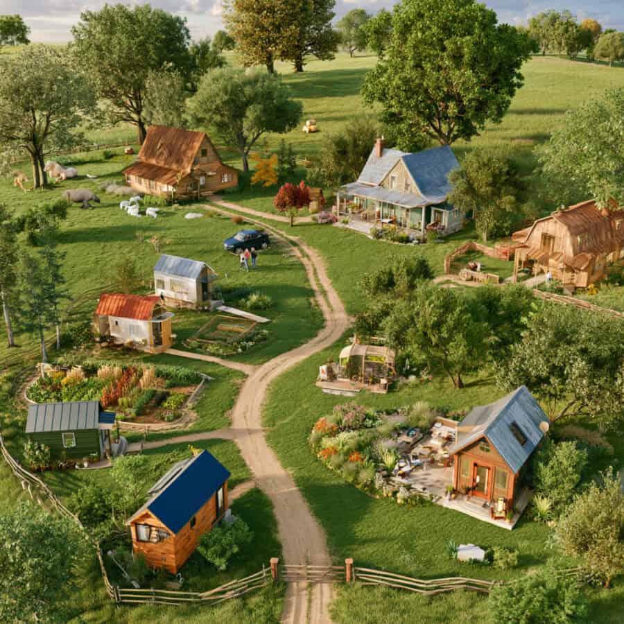 Illustrated aerial view of a rural estate lot with a blue farmhouse, several tiny houses along a winding gravel lane, a community garden, and a grazing pasture