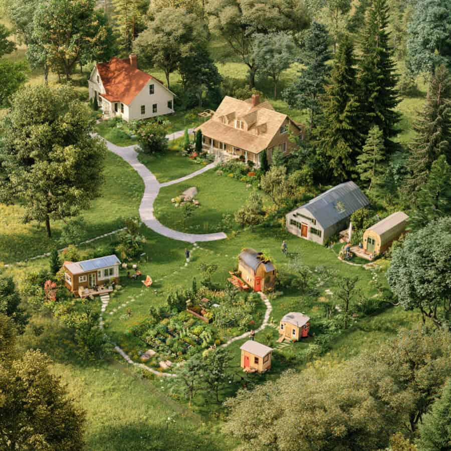 Illustrated aerial view of a wooded property where a main house could serve as a clubhouse, with tiny homes, a shared garden, and a greenhouse clustered nearby