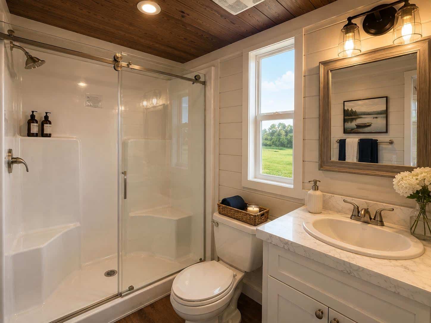 Avery 127 bathroom with glass-door walk-in shower, vanity, and toilet