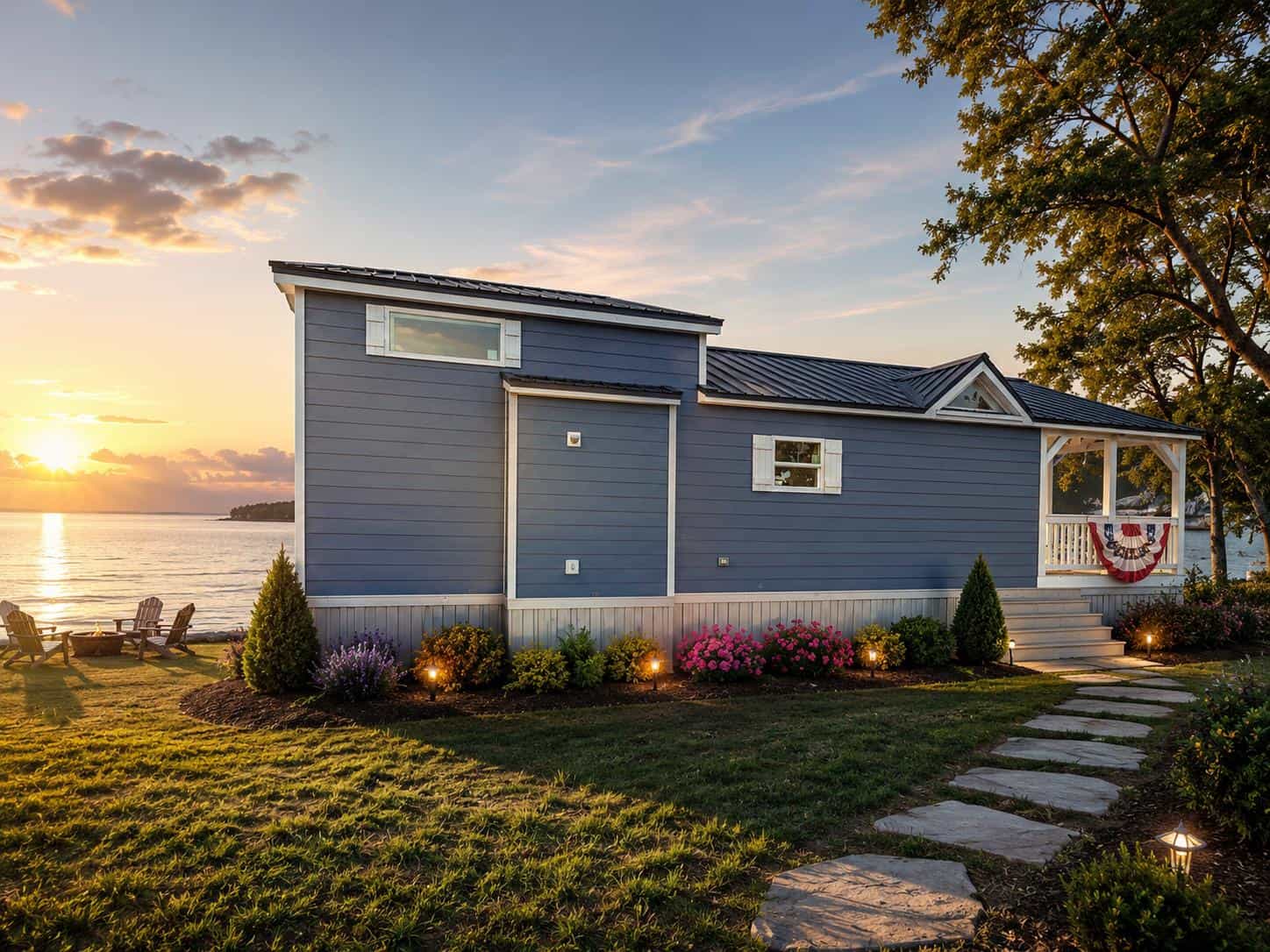 Avery 127 park model exterior: blue siding, dark metal roof, covered porch at the end