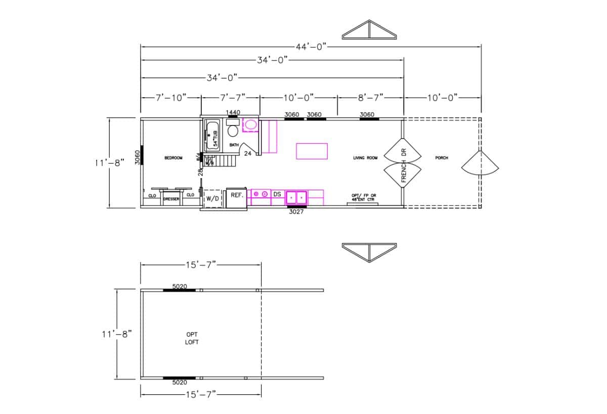 Avery Cabin Co 127 park model floor plan: bedroom at one end, bathroom with washer and dryer hookups, galley kitchen, living room with French doors to a 10-foot covered porch, and optional loft above